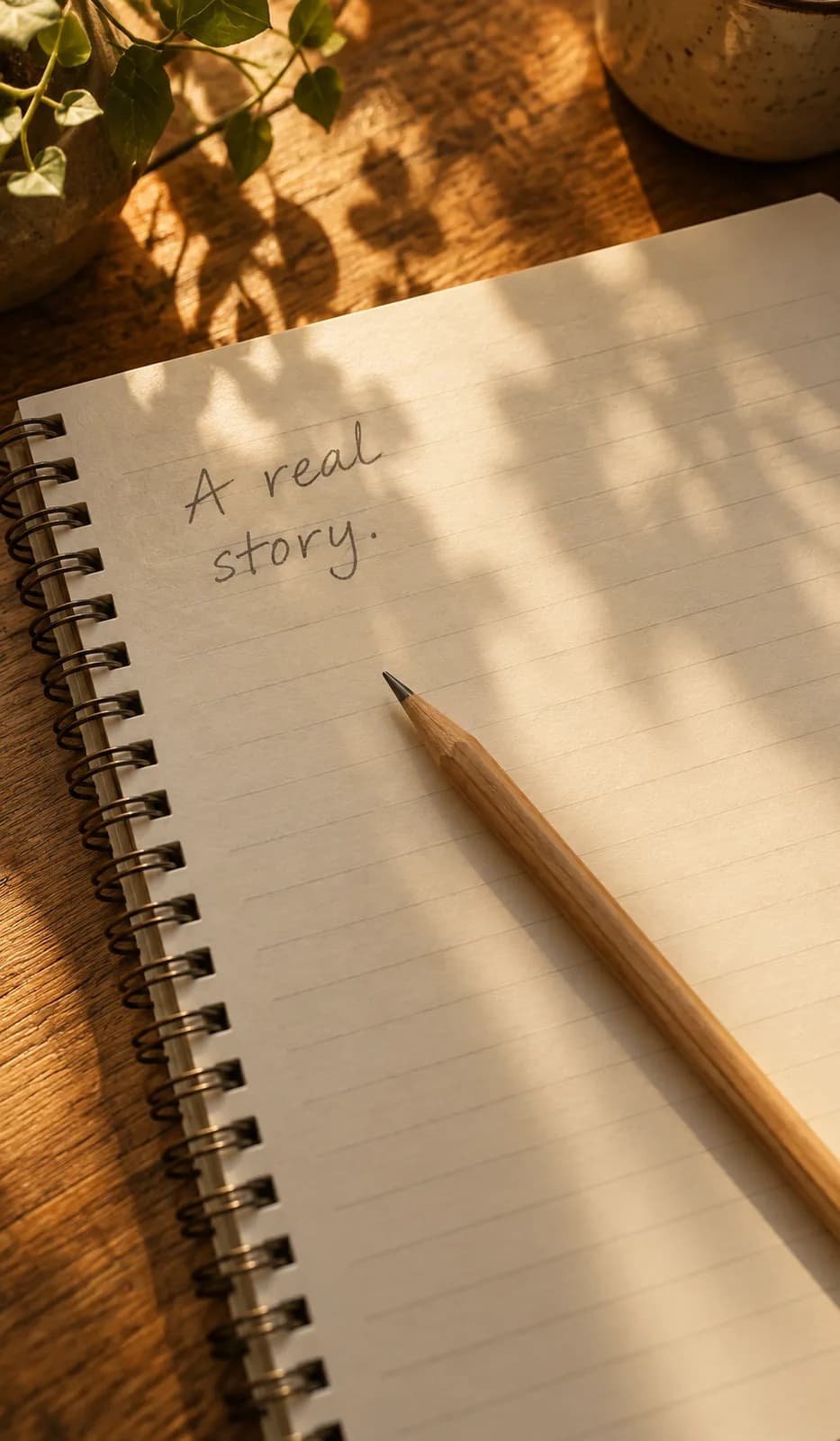 A notebook page reading "A real story."