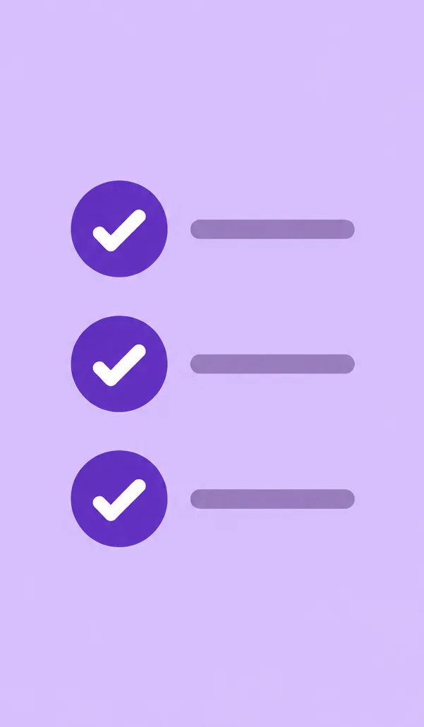 A checklist with three purple checkmarks