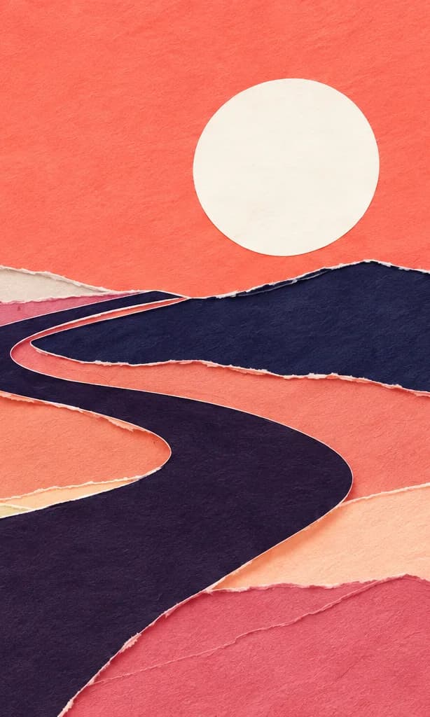 Paper-cut art of a road winding toward the sun