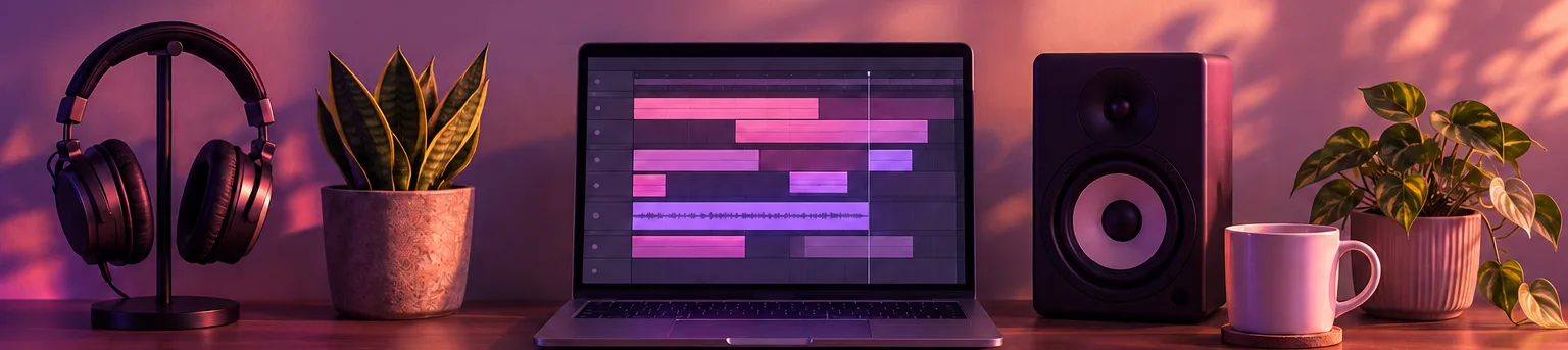 A home studio desk with headphones, a laptop showing a music production timeline, and a speaker
