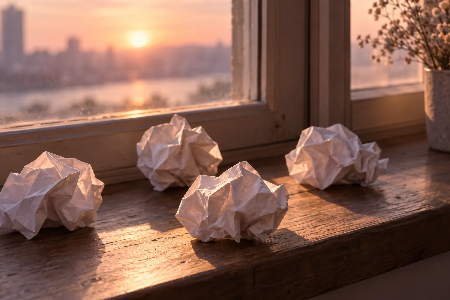Crumpled drafts on a sunny windowsill