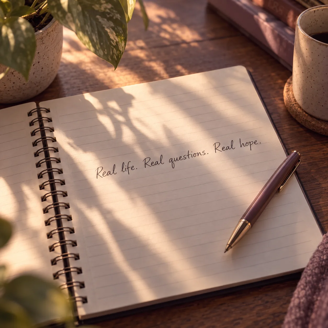 A notebook page reading “Real life. Real questions. Real hope.”