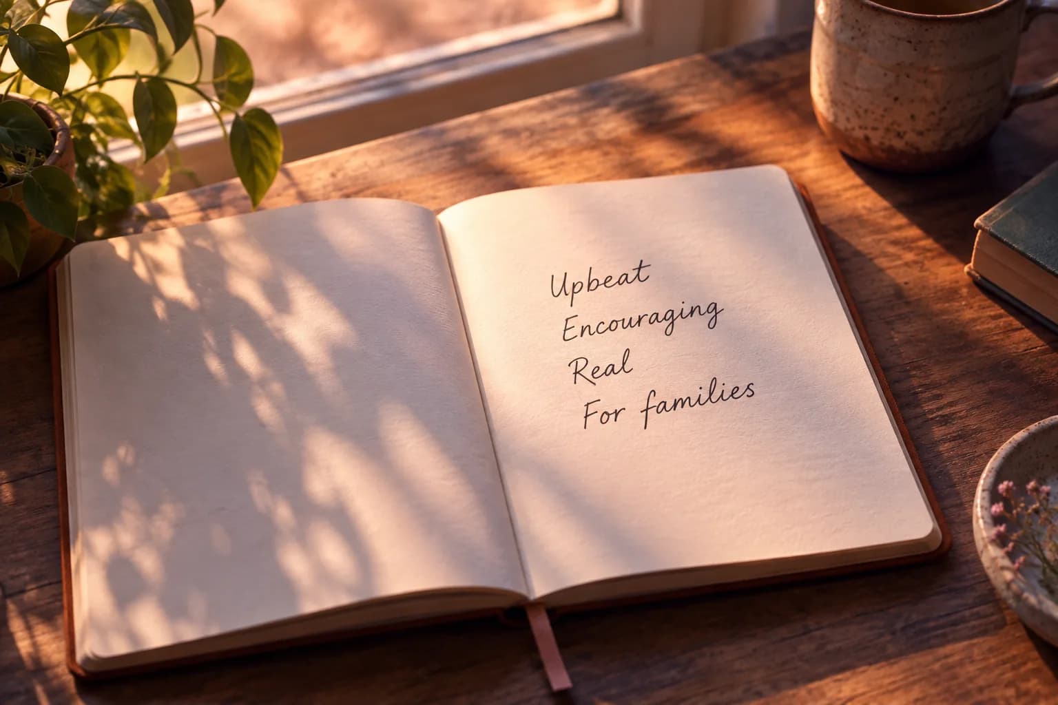 A notebook page reading “Upbeat. Encouraging. Real. For families.”