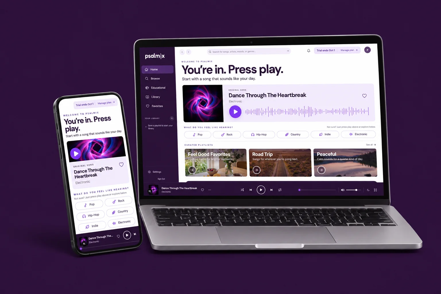A laptop and a phone showing the Psalmix trial home screen: You're in. Press play., with genre buttons and curated playlists