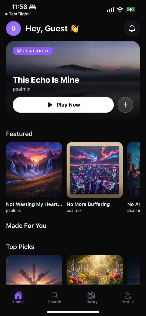 The Psalmix app home screen — featured songs and curated playlists
